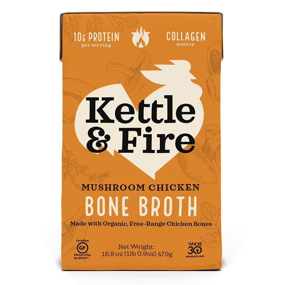 Kettle & Fire mushroom chicken broth bottle shown as a rich base for soups and stews.