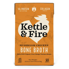 Kettle & Fire mushroom chicken broth bottle shown as a rich base for soups and stews.