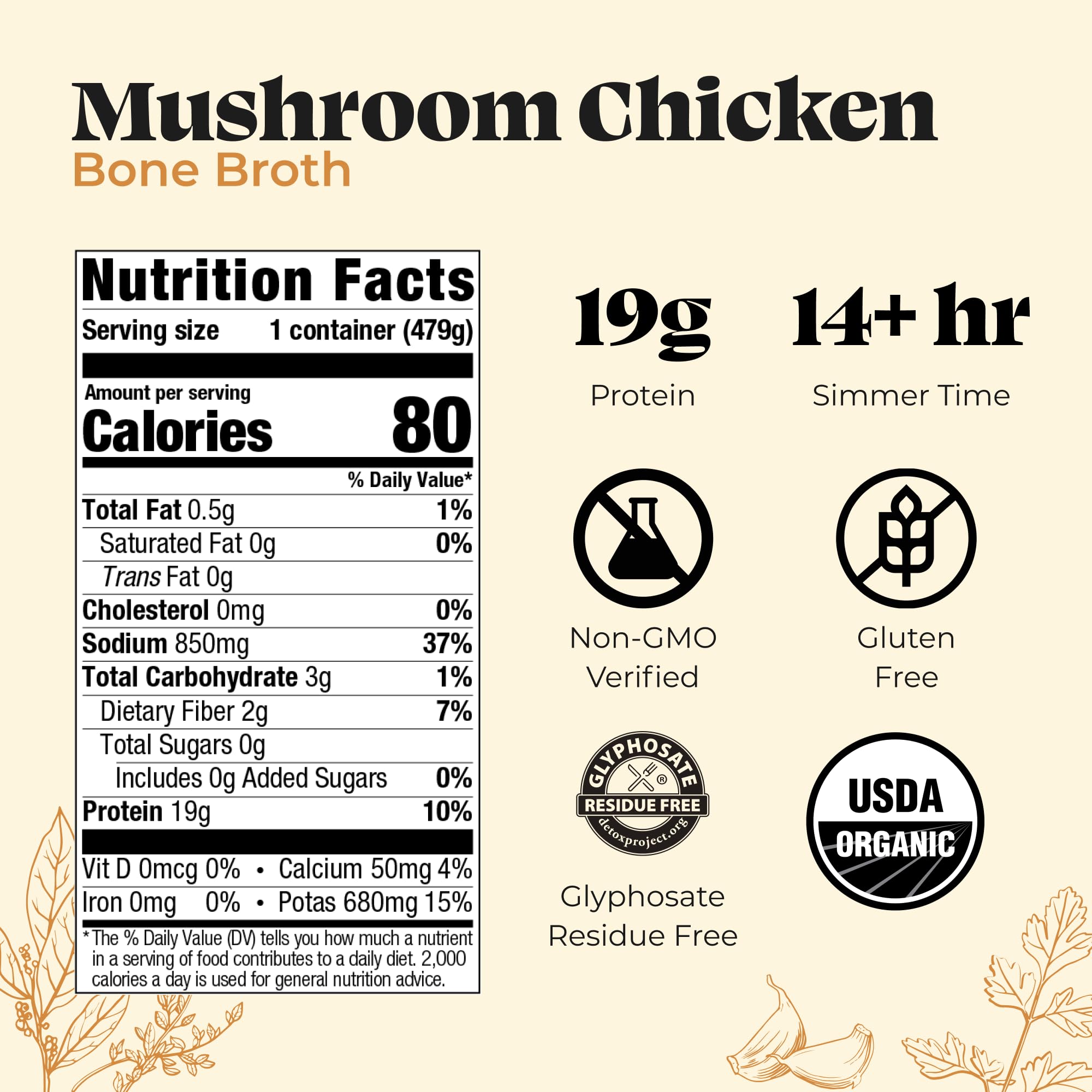 Close-up of Kettle & Fire broth mushrooms highlighting premium ingredients.