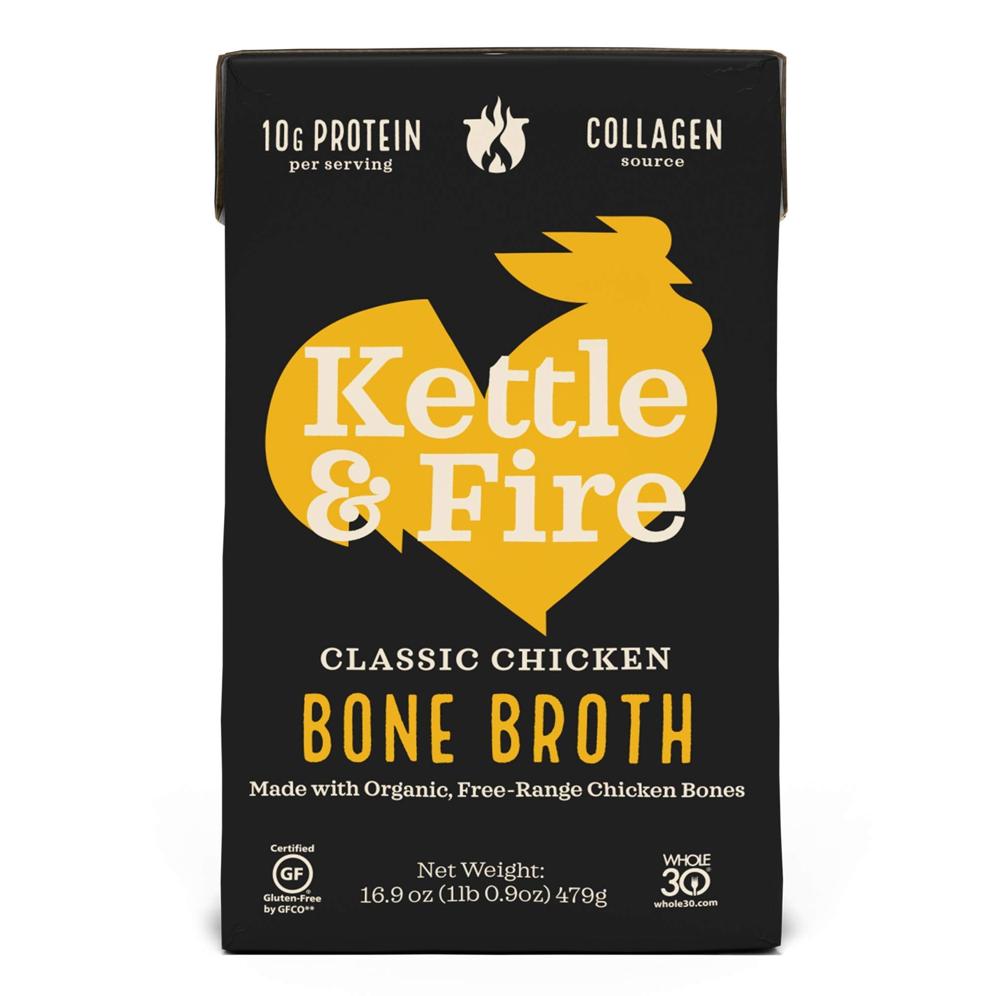 Kettle & Fire chicken bone broth bottle label closeup highlighting premium ingredients.