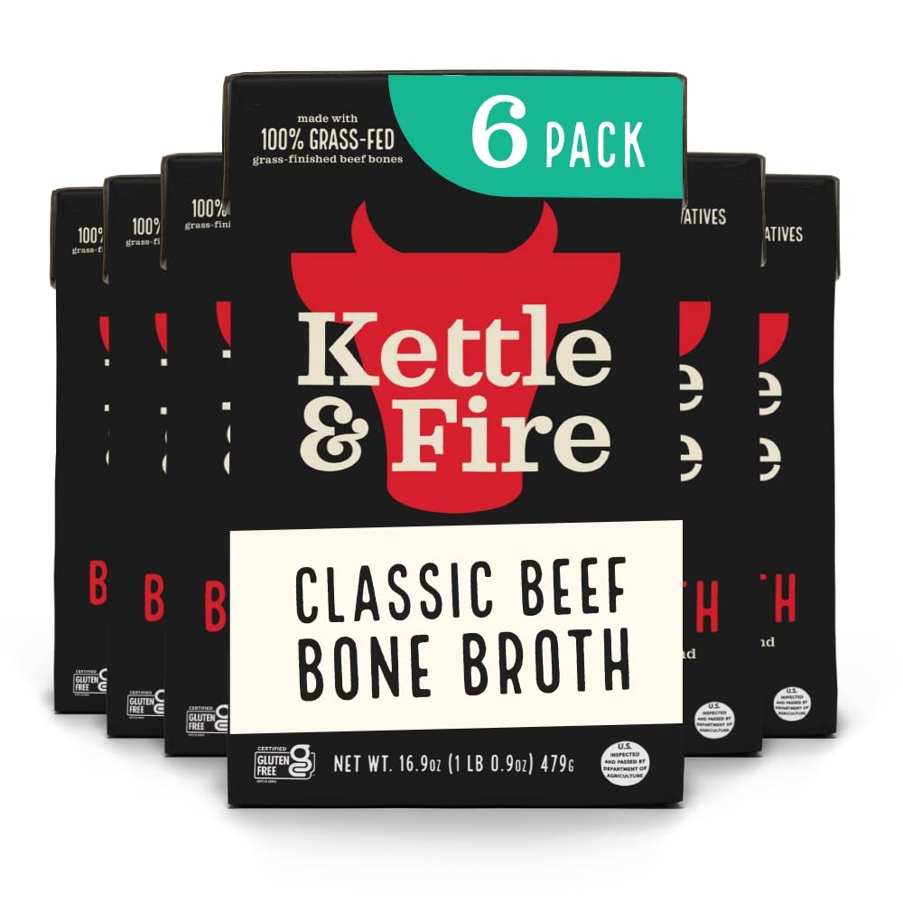 Kettle & Fire Classic Beef Bone Broth bottle offers rich flavor for quick meals.