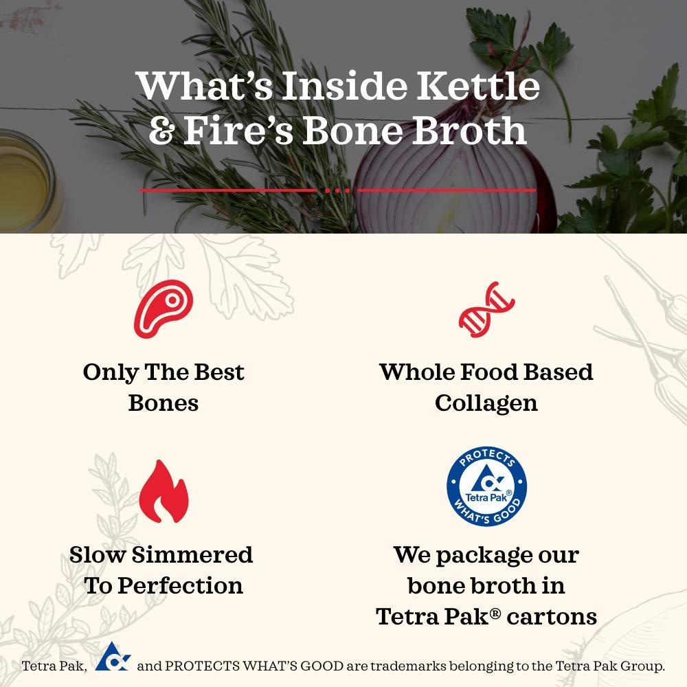 Kettle & Fire Classic Beef Bone Broth six-pack for pantry-ready convenience.