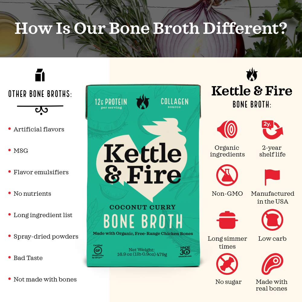 Kettle and Fire coconut curry chicken bone broth ingredients scene showcases coconut, herbs, and spices.