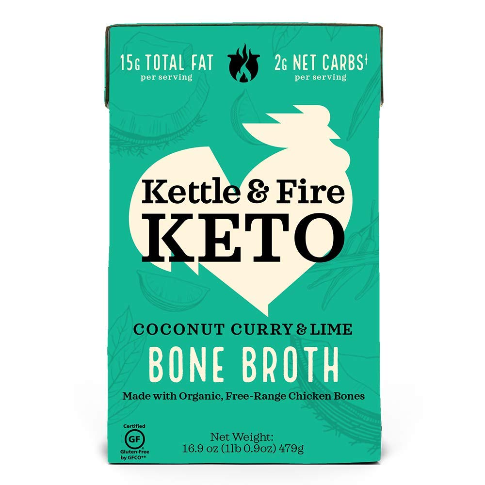 Kettle and Fire coconut curry chicken bone broth label close-up highlighting collagen-rich formula for skin and joints.