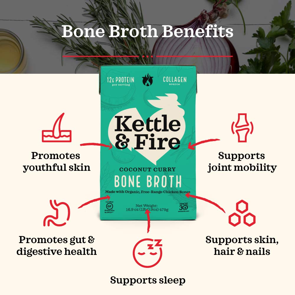 Kettle and Fire coconut curry chicken bone broth steaming in a bowl invites warm, comforting nourishment.
