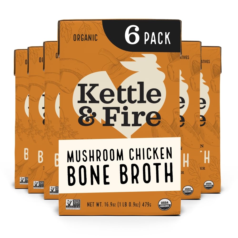 Kettle & Fire Mushroom Chicken Bone Broth bottle shows rich flavor for Keto meals.