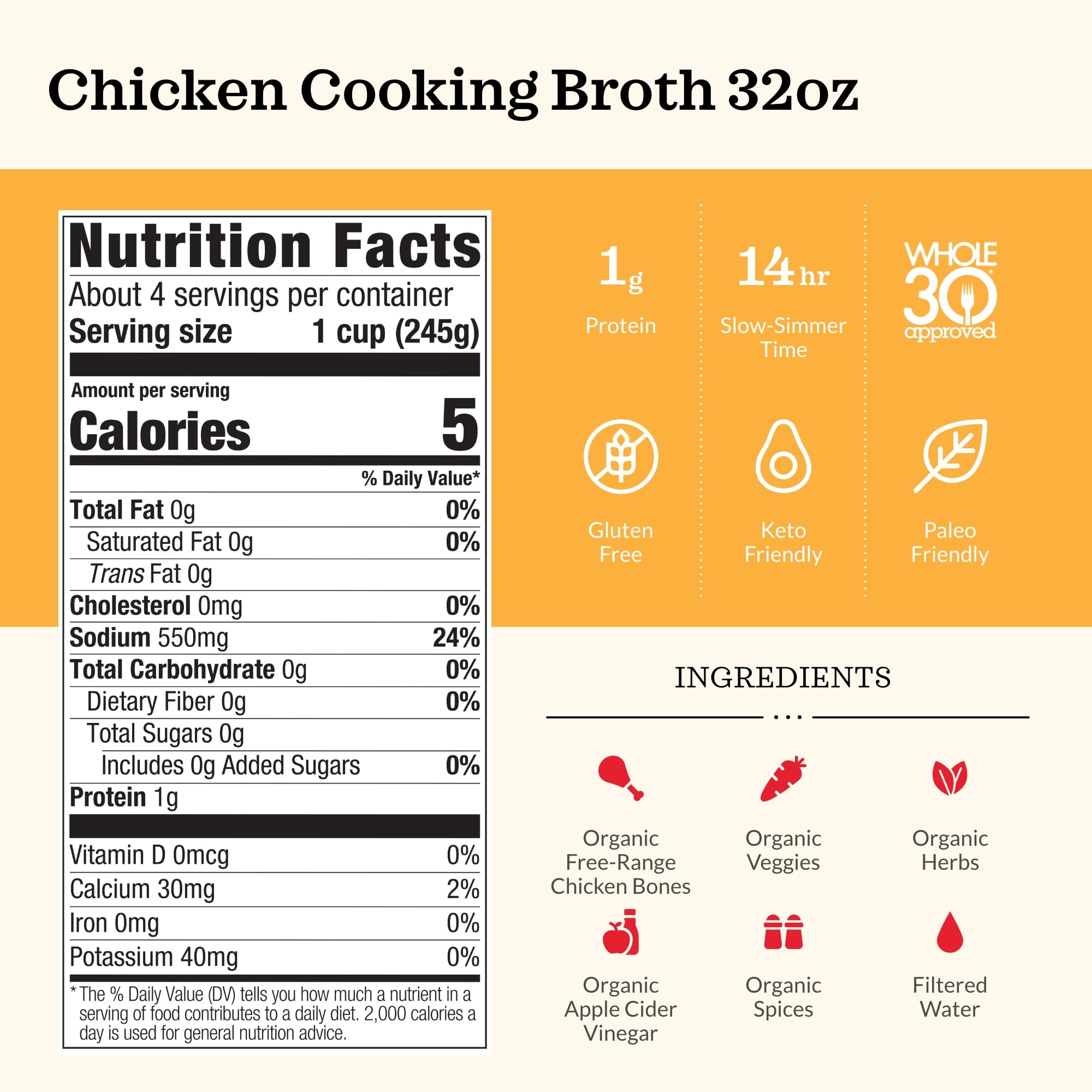 Kettle & Fire Organic Chicken Broth pour, golden and flavorful for risottos