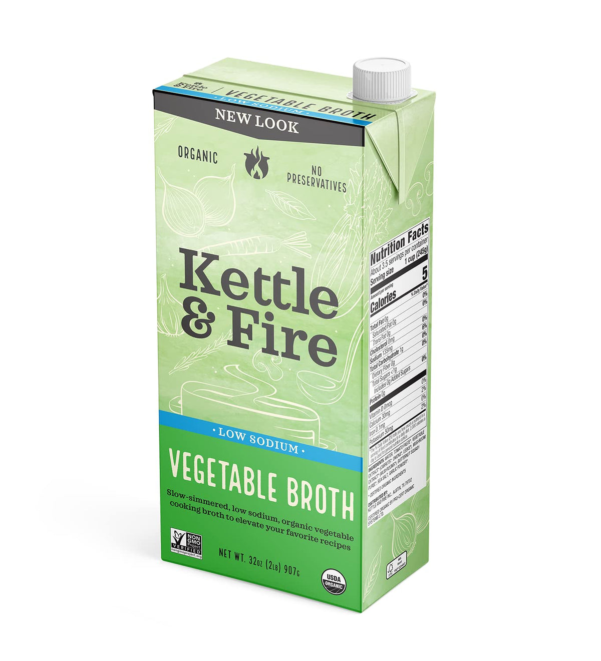 Kettle & Fire Organic Vegetable Broth low-sodium bottle adds flavor to soups.