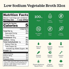 Kettle & Fire Organic Vegetable Broth label close-up showing premium ingredients.