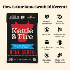 Kettle & Fire label close-up showing organic ingredients and quality standards.
