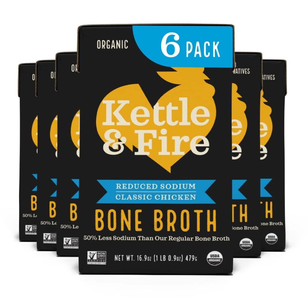 Kettle & Fire Reduce Sodium Chicken Bone Broth bottle front showing protein-rich, gluten-free broth.