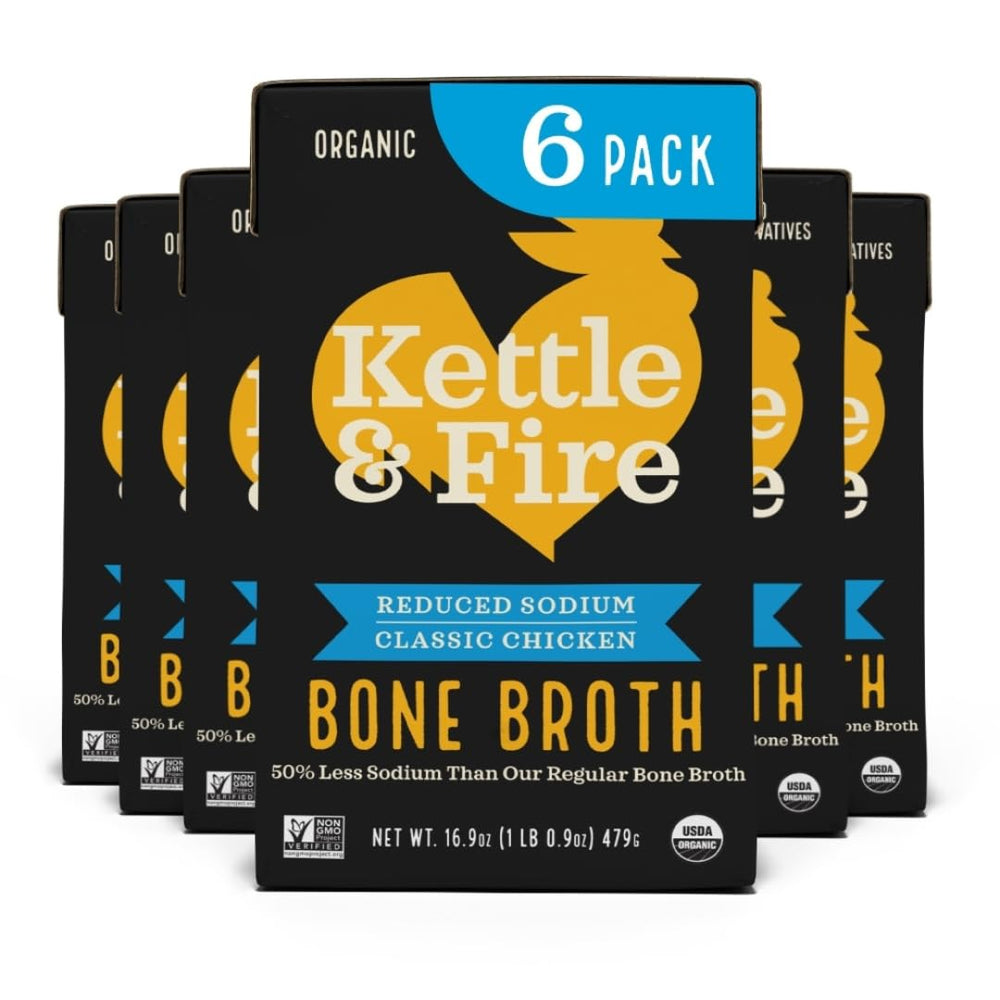 Kettle & Fire Reduce Sodium Chicken Bone Broth bottle front showing protein-rich, gluten-free broth.