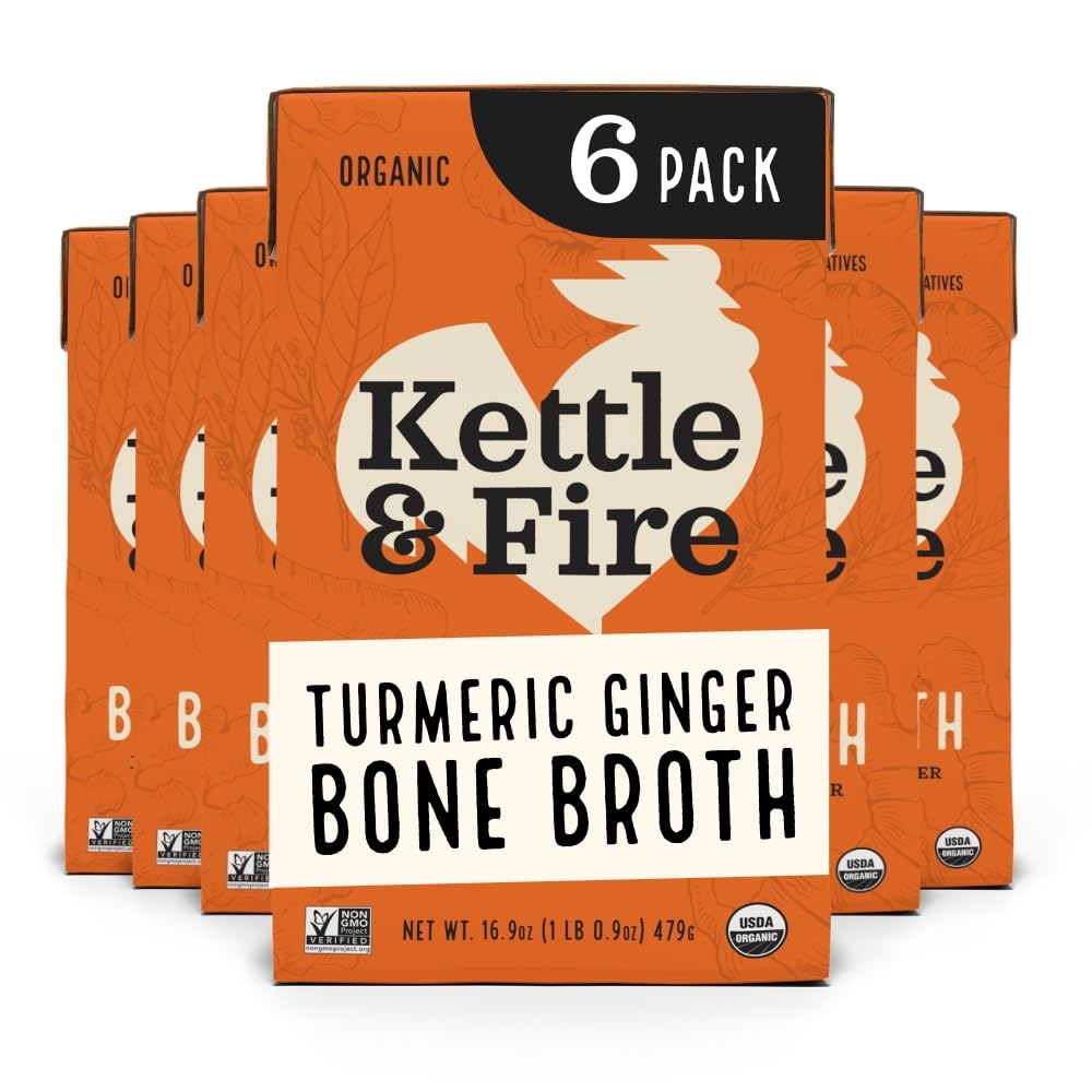 Kettle & Fire turmeric ginger chicken bone broth bottle with rich color and herbs