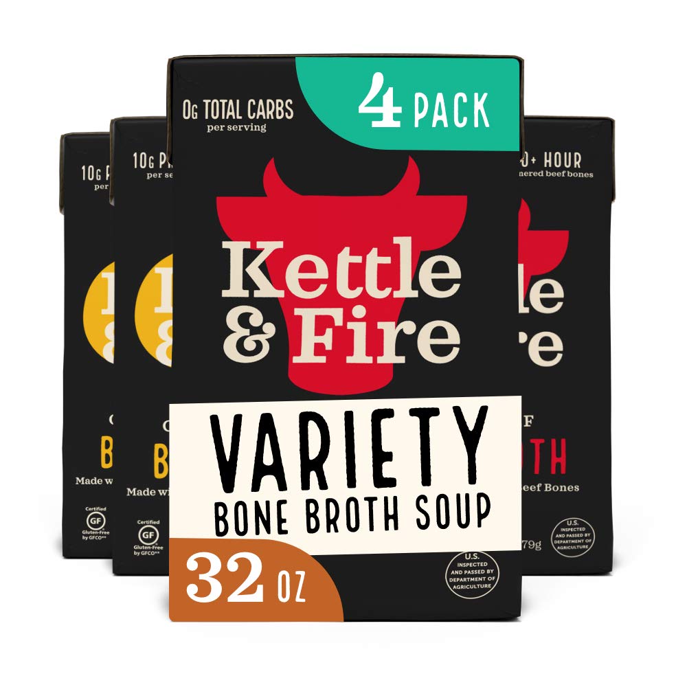 Kettle & Fire Variety Pack beef broth bottle shows rich flavor and collagen support.