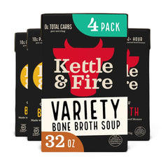 Kettle & Fire Variety Pack beef broth bottle shows rich flavor and collagen support.