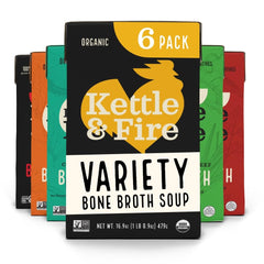 Kettle & Fire beef bone broth variety-pack front view for convenient, nourishing meals.