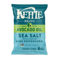 Kettle Brand avocado oil chips in bag with sea salt and pink peppercorn for snacking