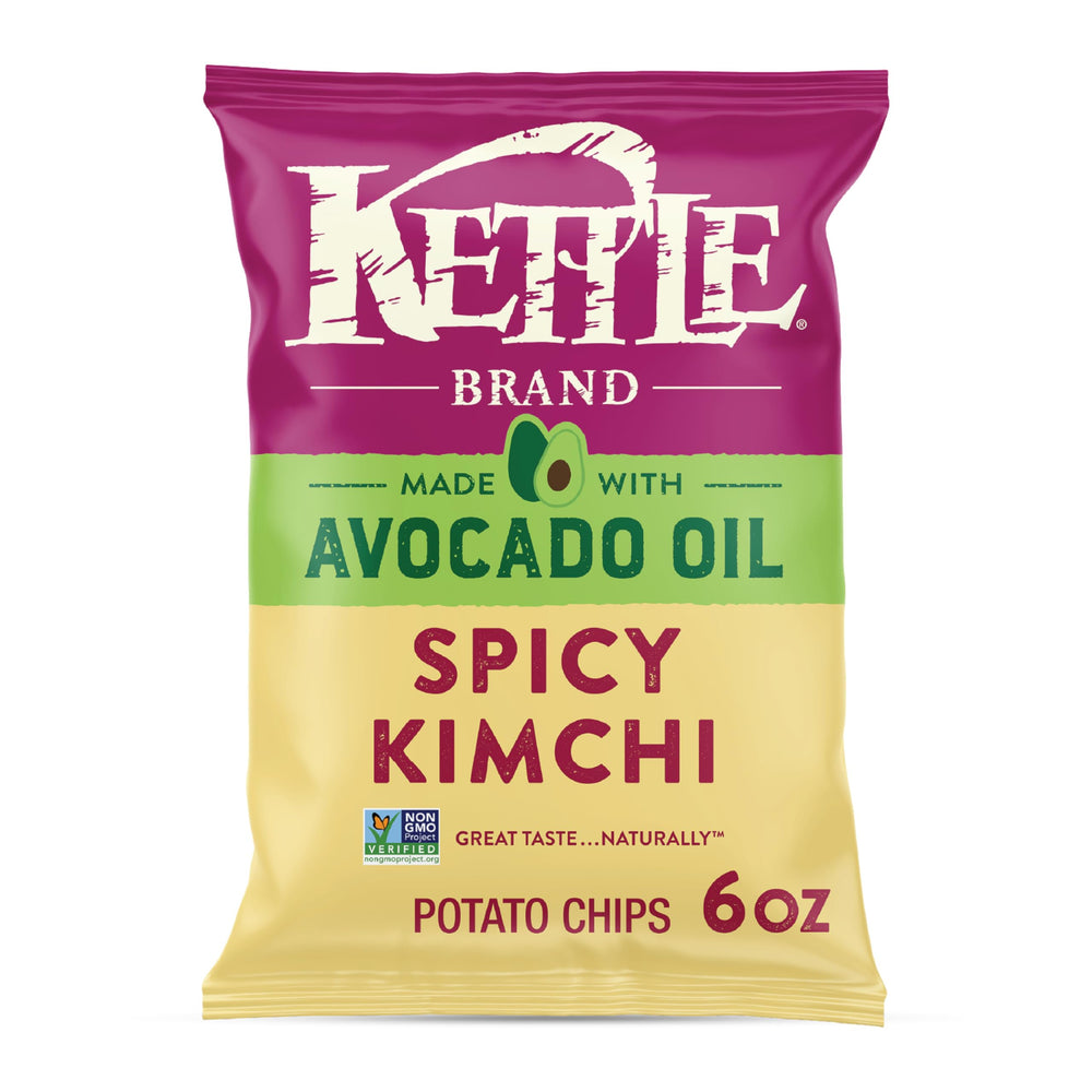 Kettle Brand avocado-oil spicy kimchi chips bag highlights bold flavor and crispy texture for on-the-go snacking.