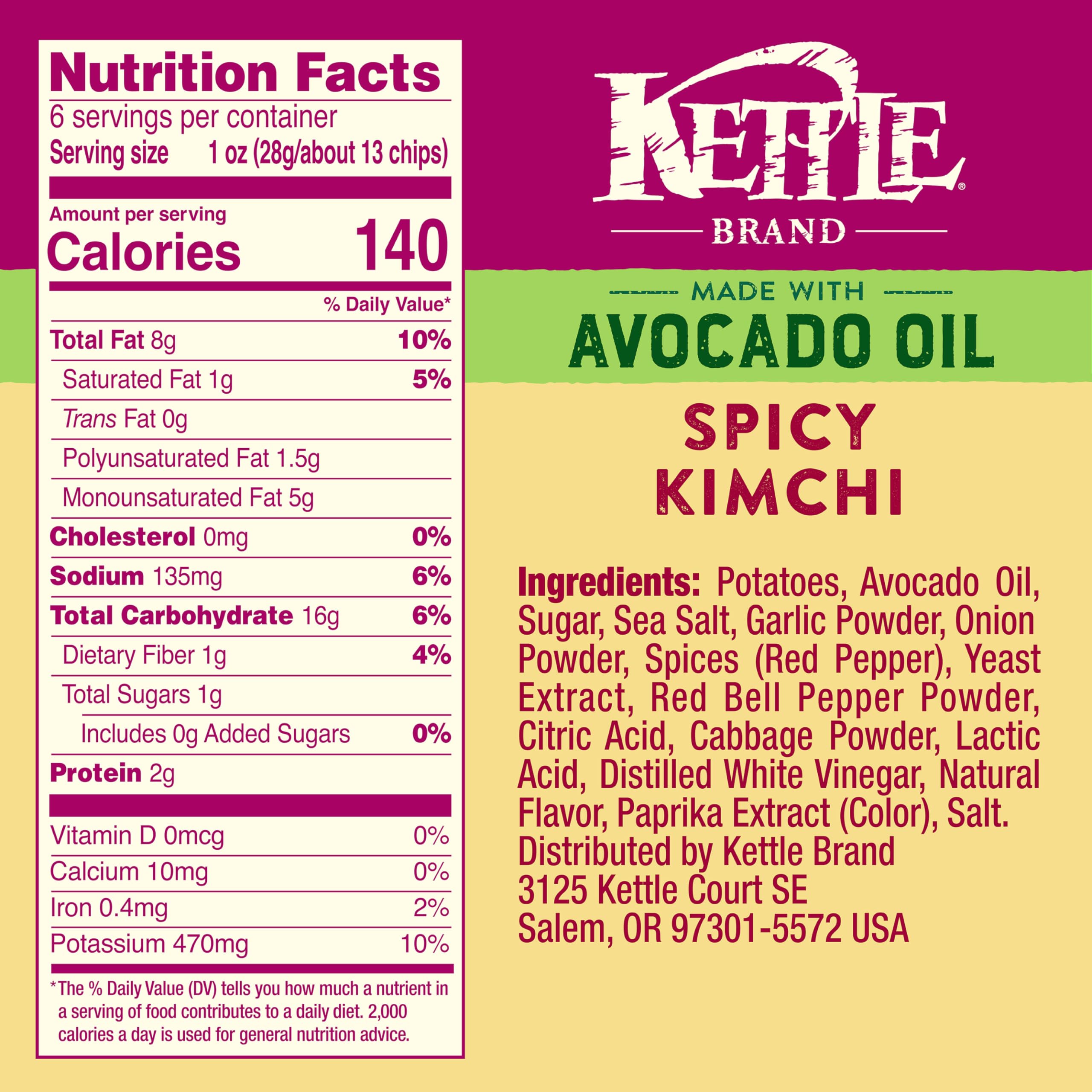 Kettle Brand avocado-oil spicy kimchi chips crunch closeup emphasizes savory heat and kimchi notes.
