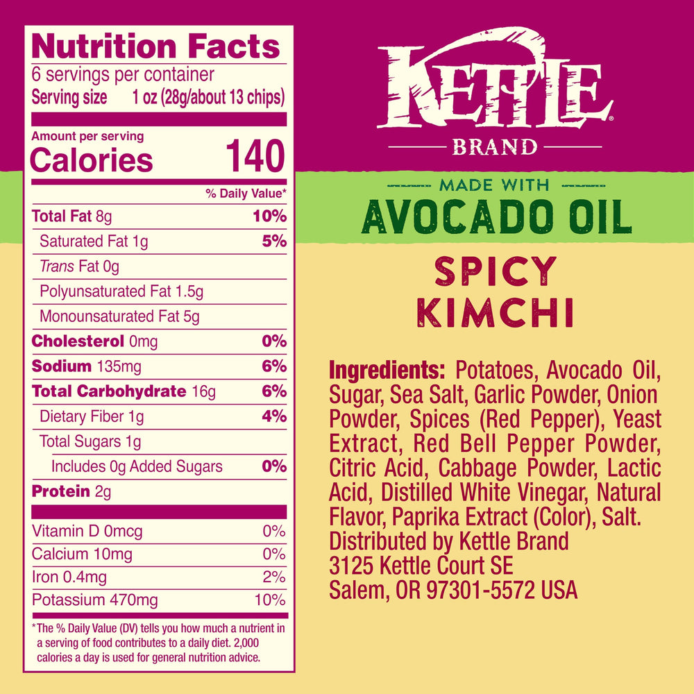Kettle Brand avocado-oil spicy kimchi chips crunch closeup emphasizes savory heat and kimchi notes.