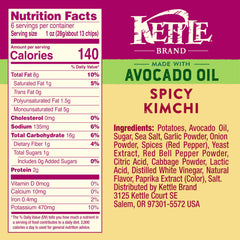 Kettle Brand avocado-oil spicy kimchi chips crunch closeup emphasizes savory heat and kimchi notes.
