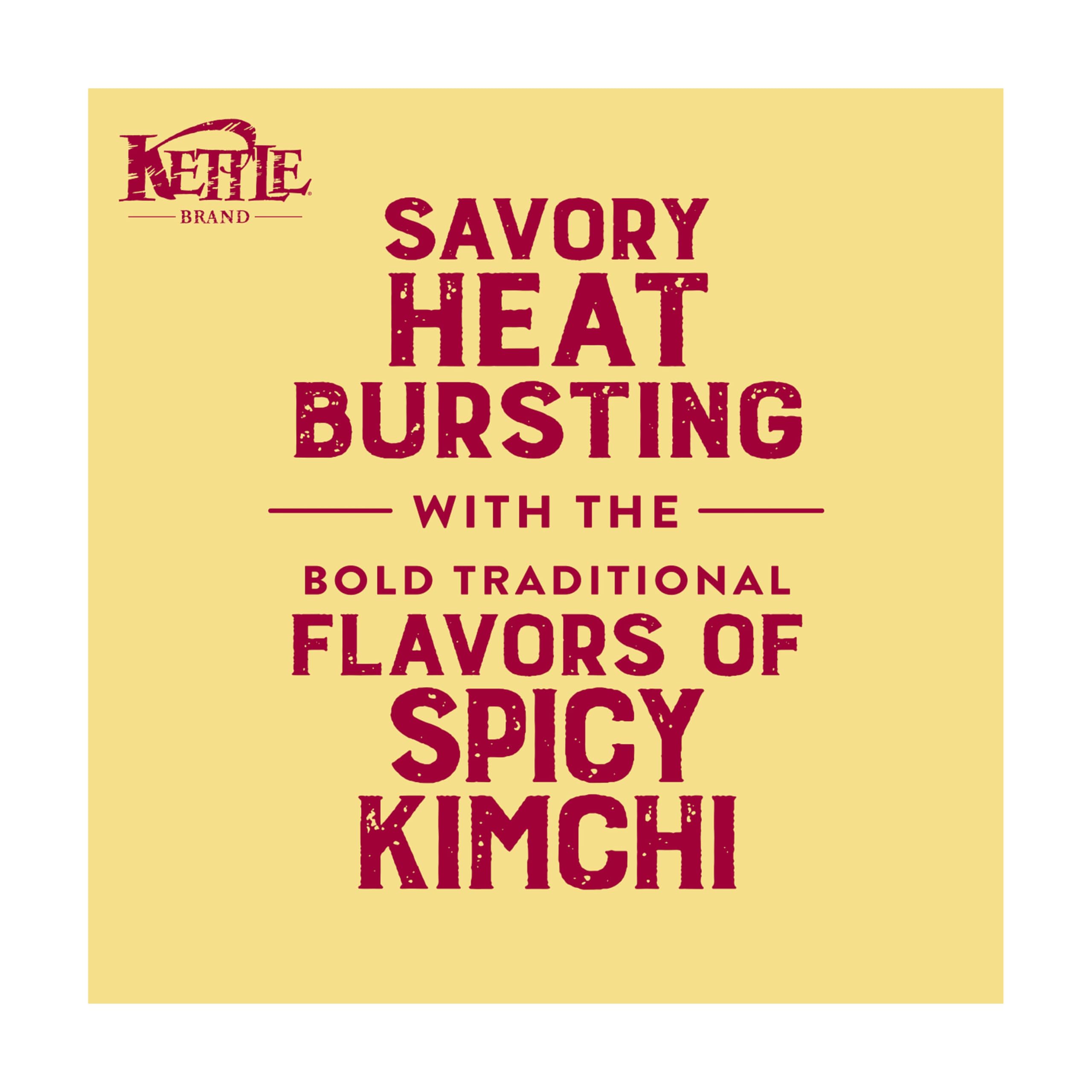Kettle Brand avocado-oil spicy kimchi chips on grocery shelf appeals to gluten-free snack seekers.