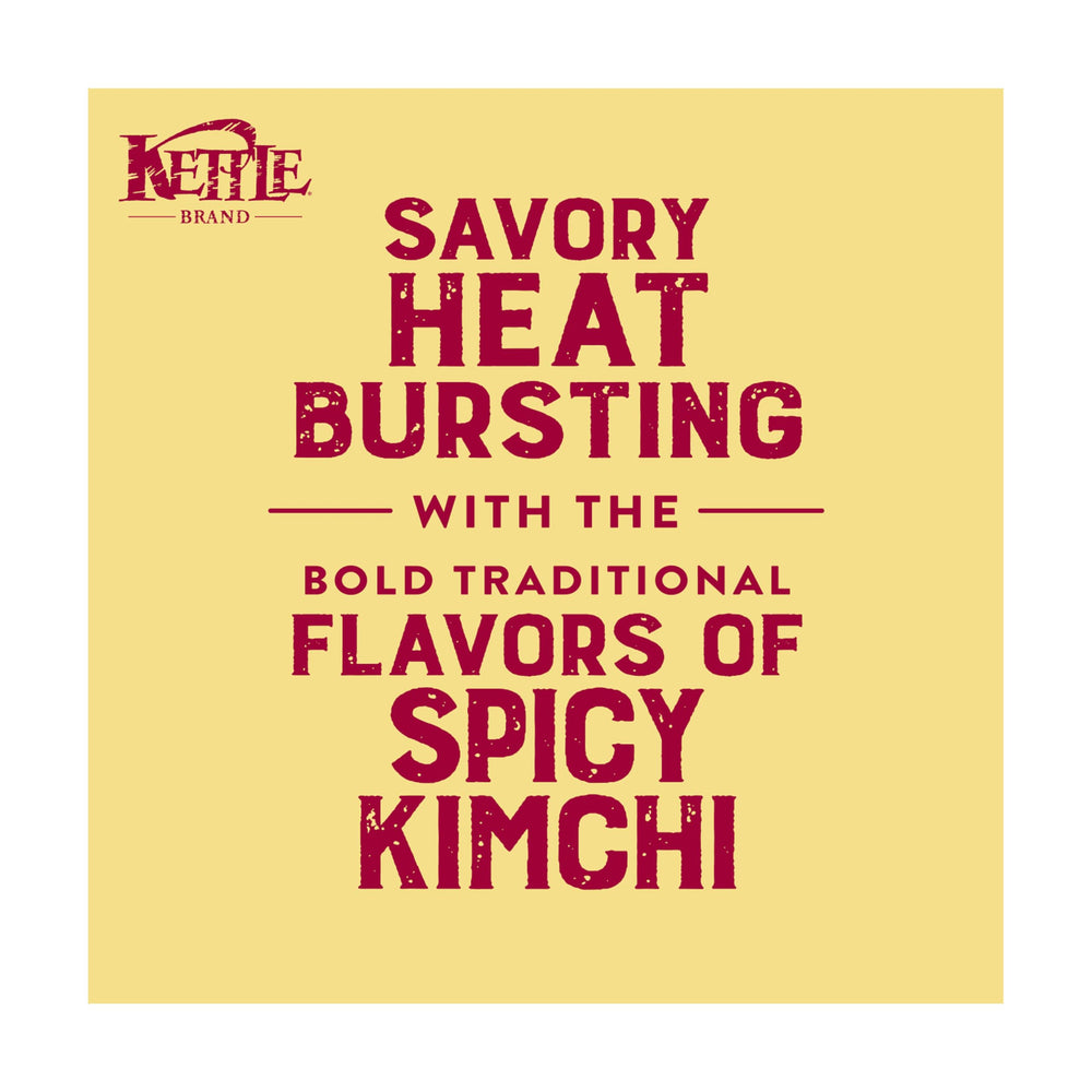 Kettle Brand avocado-oil spicy kimchi chips on grocery shelf appeals to gluten-free snack seekers.