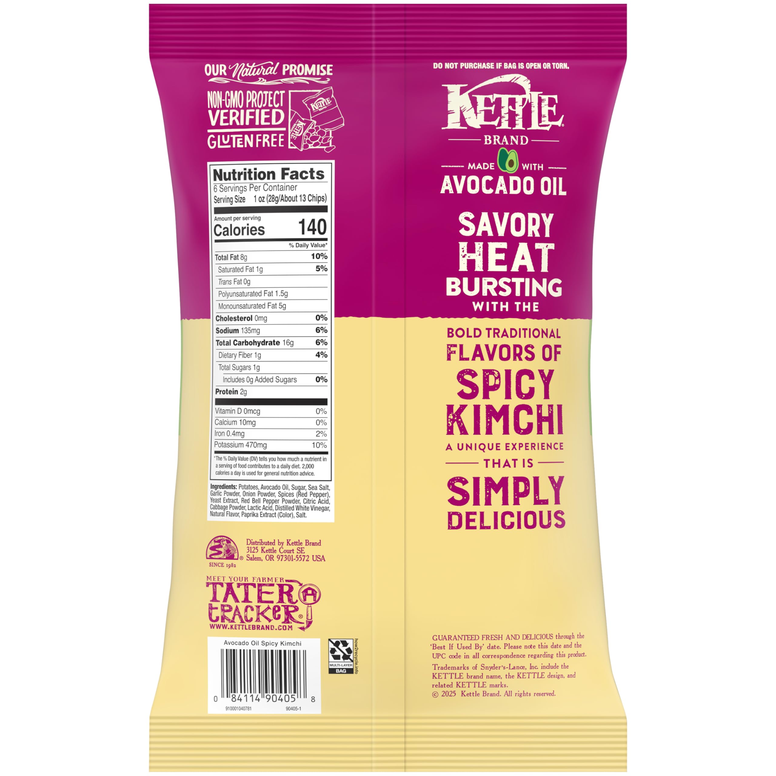 Kettle Brand avocado-oil spicy kimchi chips ingredients closeup shows avocado oil as key fat.