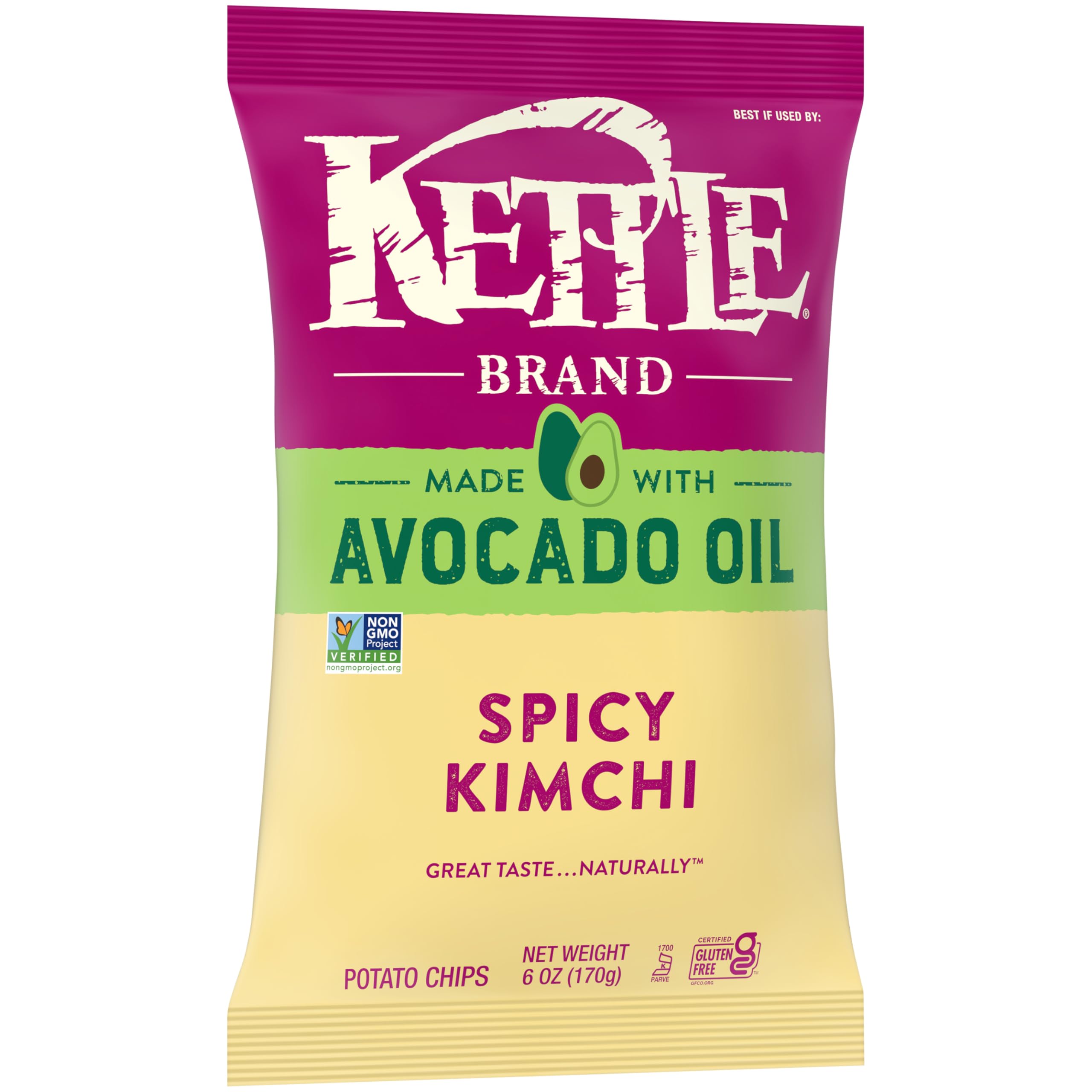 Kettle Brand avocado-oil spicy kimchi chips label highlights non-GMO and gluten-free certifications.