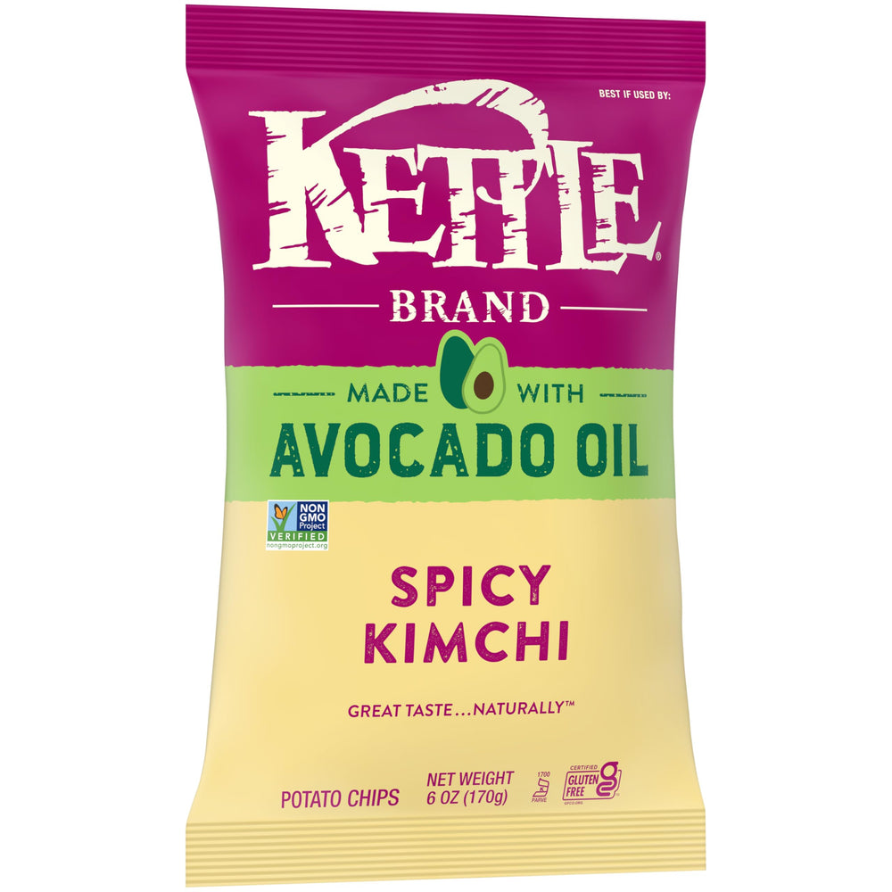 Kettle Brand avocado-oil spicy kimchi chips label highlights non-GMO and gluten-free certifications.