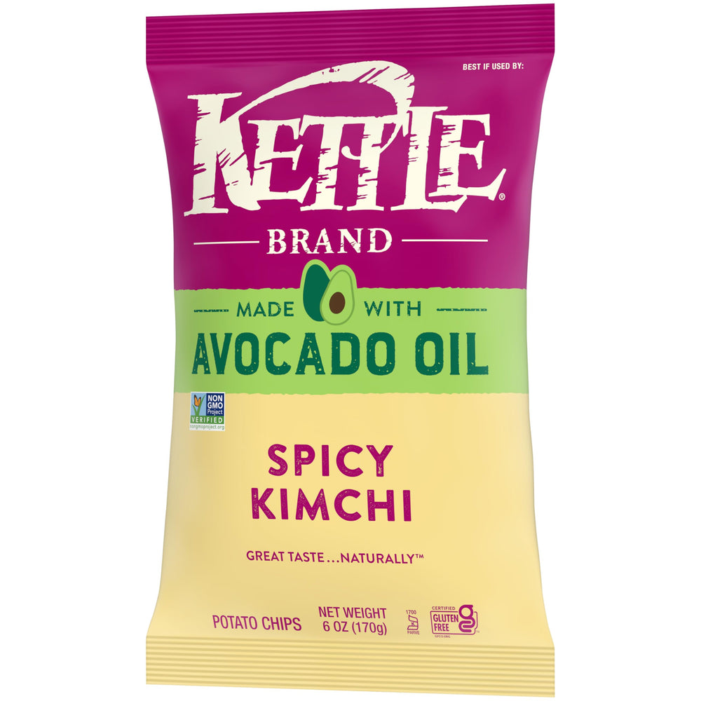 Kettle Brand avocado-oil spicy kimchi chips label closeup shows avocado oil as a premium ingredient.