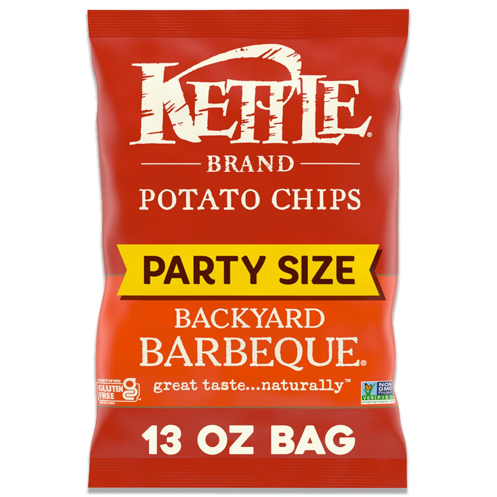 Kettle Brand Backyard Barbeque chips bag front shows bold smoky flavors for gatherings.