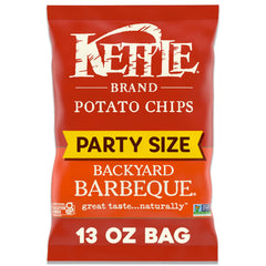Kettle Brand Backyard Barbeque chips bag front shows bold smoky flavors for gatherings.