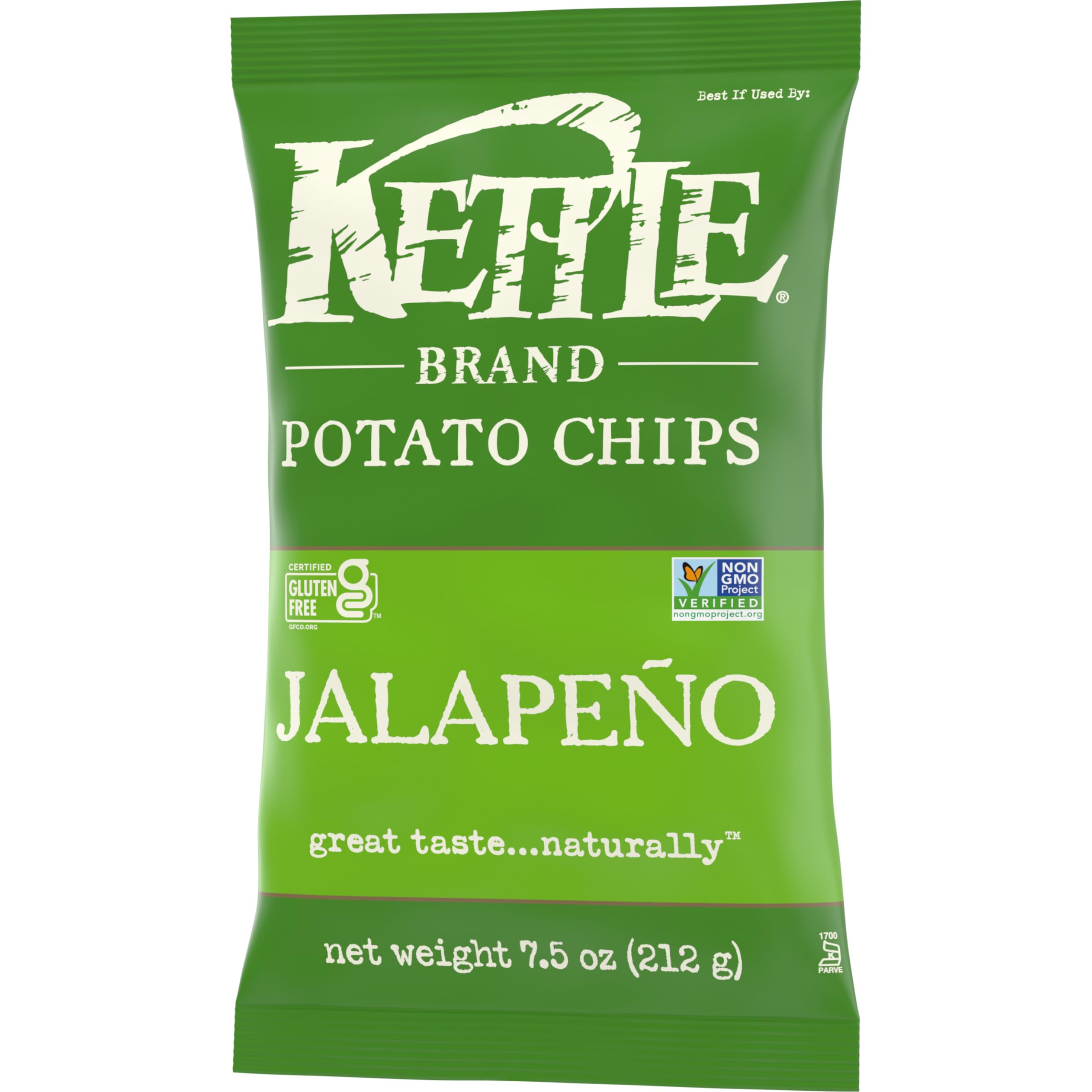 Kettle Brand Jalapeno chips closeup emphasizing sturdy crunch and heat.