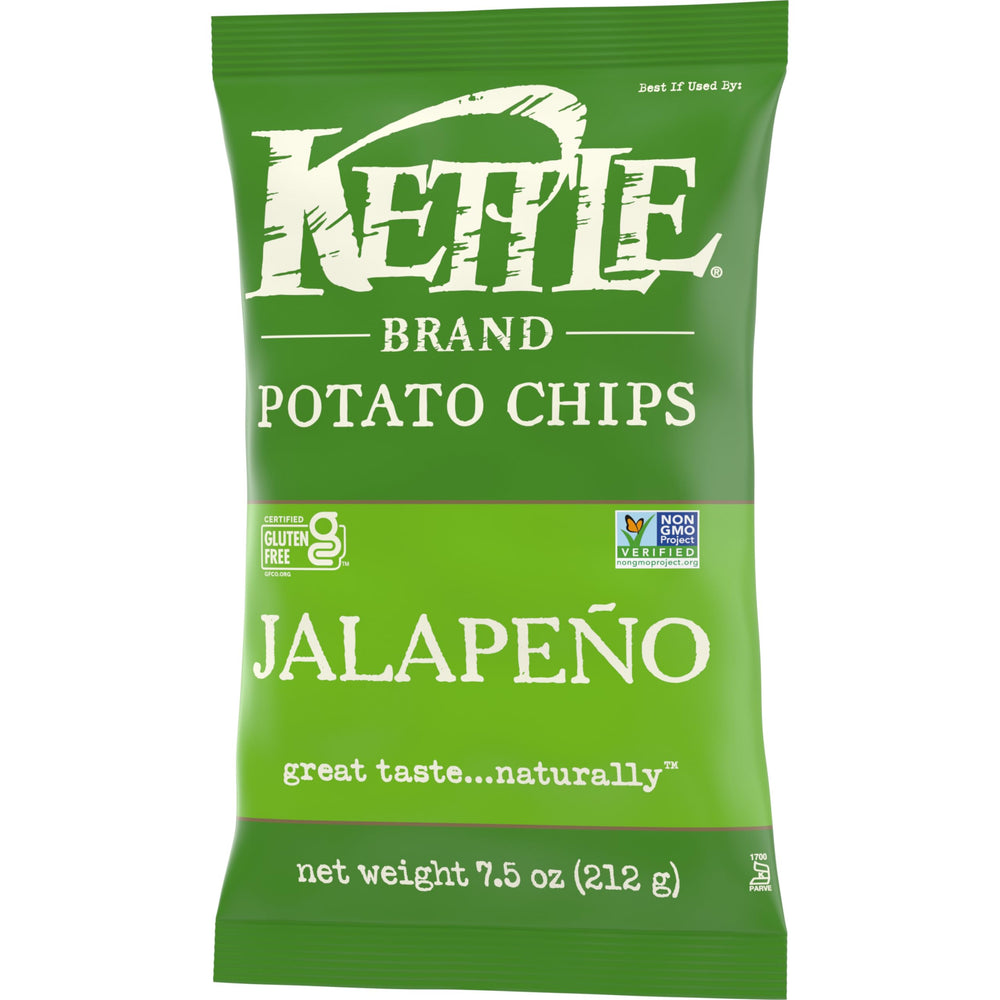 Kettle Brand Jalapeno chips closeup emphasizing sturdy crunch and heat.