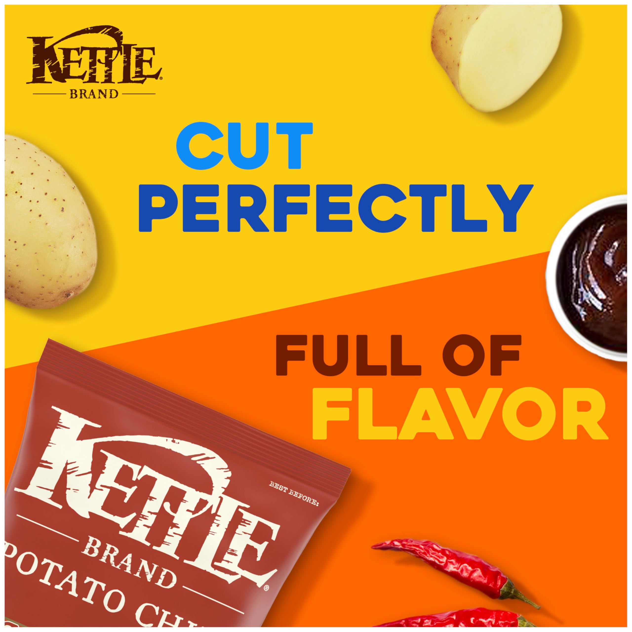 Kettle Brand gluten-free badge on bag signals safe, gluten-free snacking option.