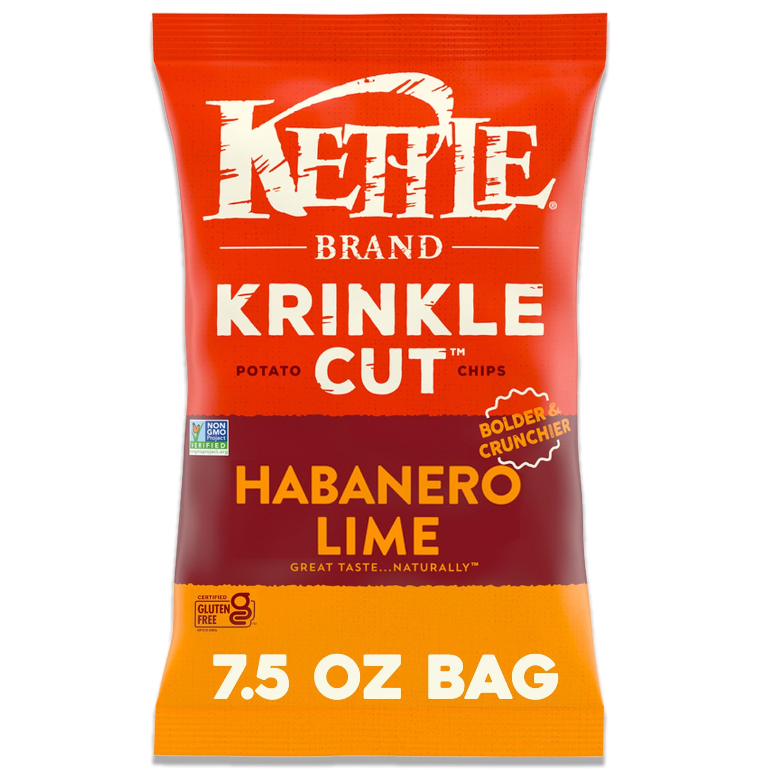 Kettle Brand Habanero Lime krinkle-cut chips show bold ridges for extra crunch.