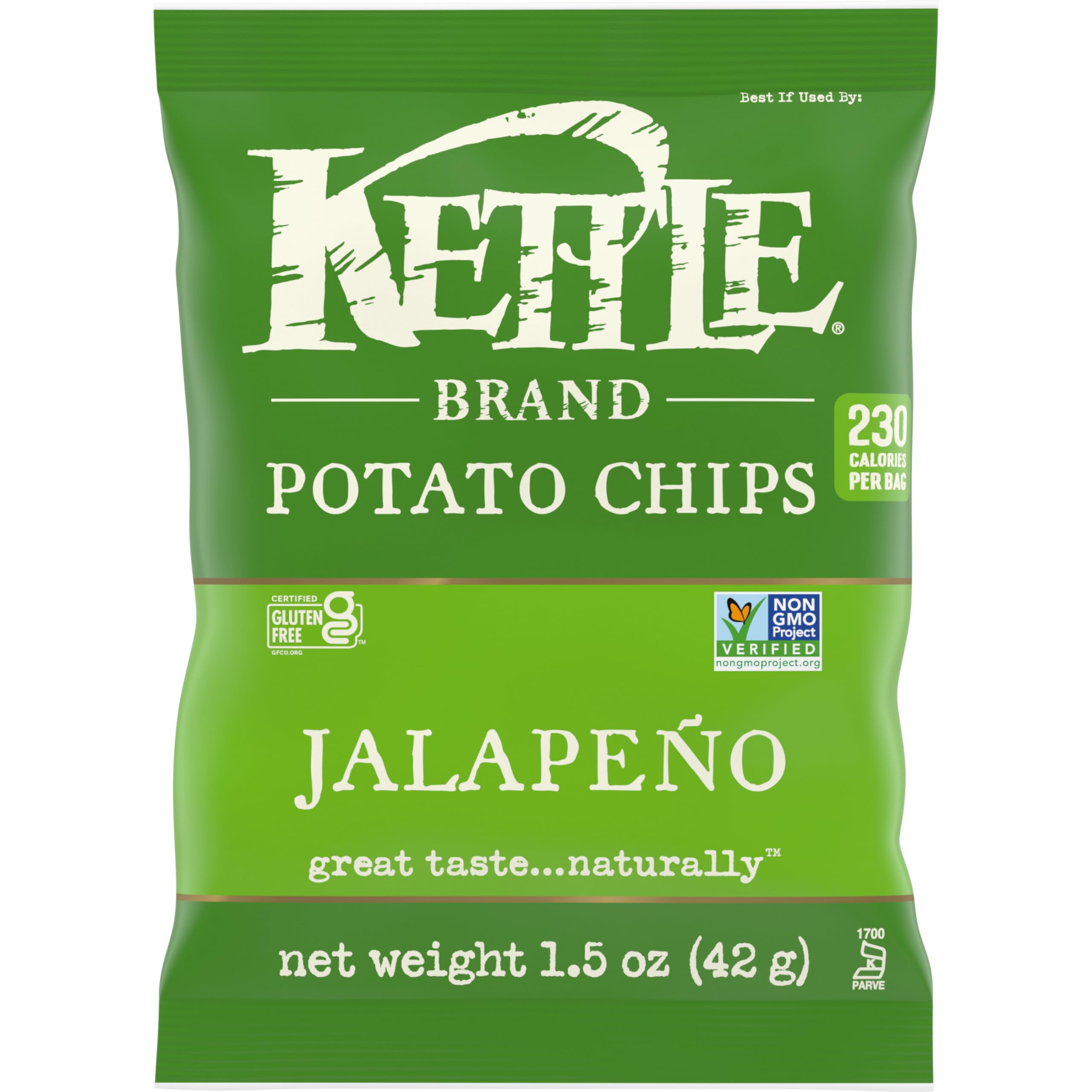 Kettle Brand Jalapeno chip close-up showing crisp texture and bold flavor.