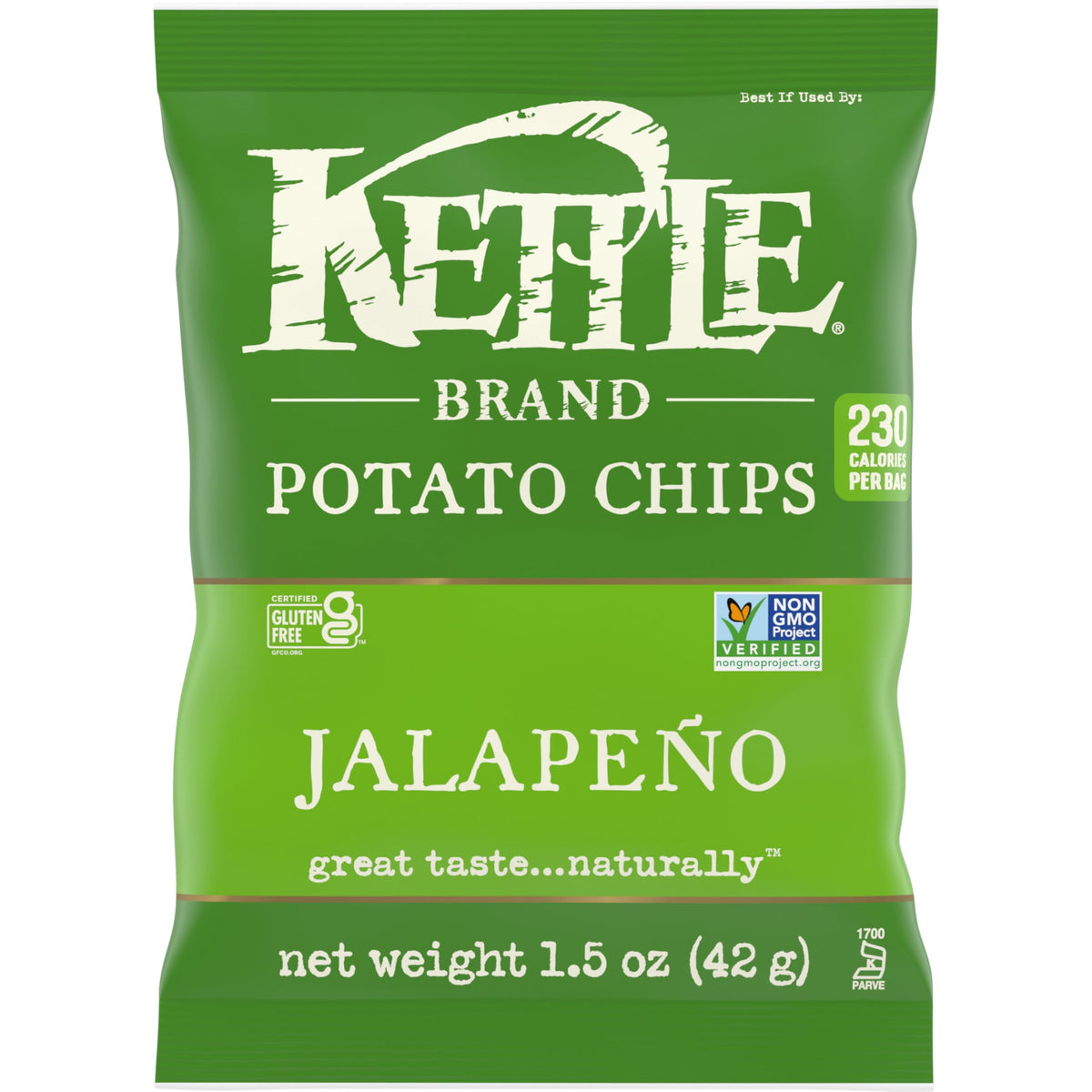 Kettle Brand Jalapeno chip close-up showing crisp texture and bold flavor.
