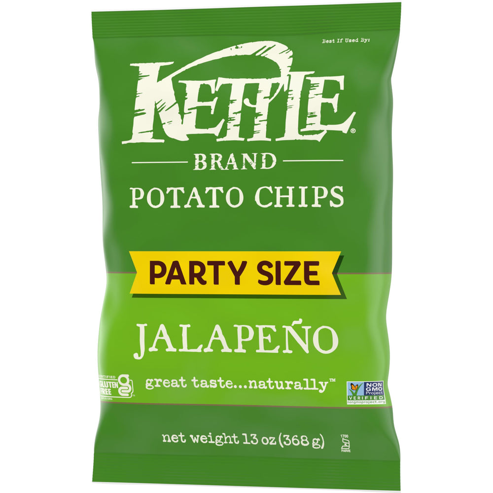 Kettle Brand jalapeno chips beside drinks for festive pairings.