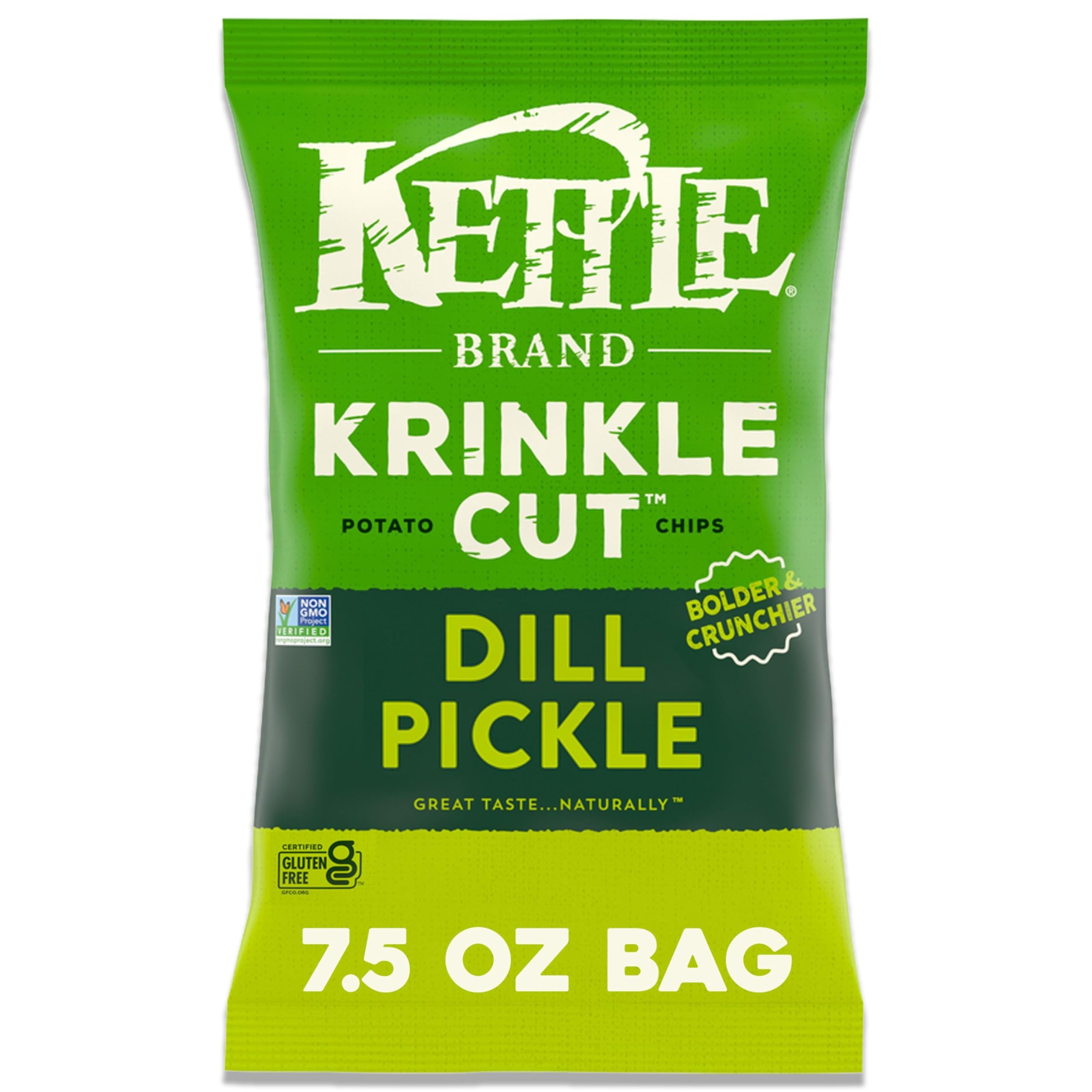 Kettle Brand Krinkle Cut Dill Pickle chips in bag showing bold crunch