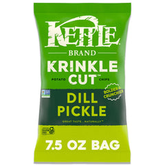 Kettle Brand Krinkle Cut Dill Pickle chips in bag showing bold crunch