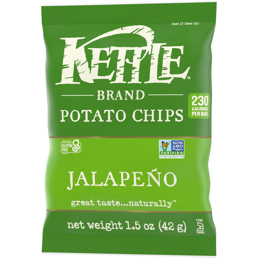 Kettle Brand logo on bag highlighting non-GMO and gluten-free credentials.