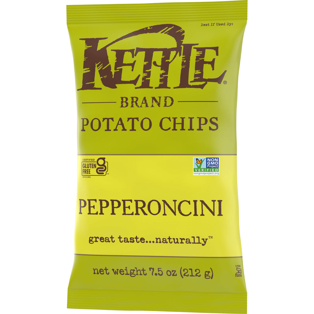 Kettle Brand Pepperoncini chips with Mediterranean seasoning on a dining table.