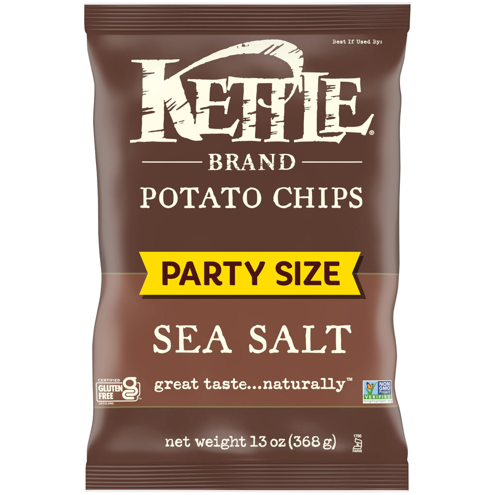 Kettle Brand Sea Salt potato chips in bag, ideal for gatherings.