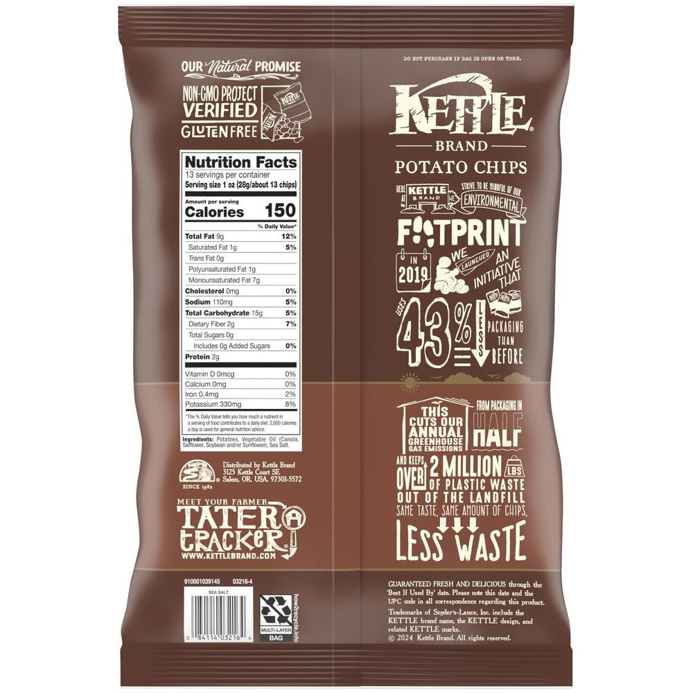 Kettle Brand sea salt chips spill from bag, perfect for party snacking.