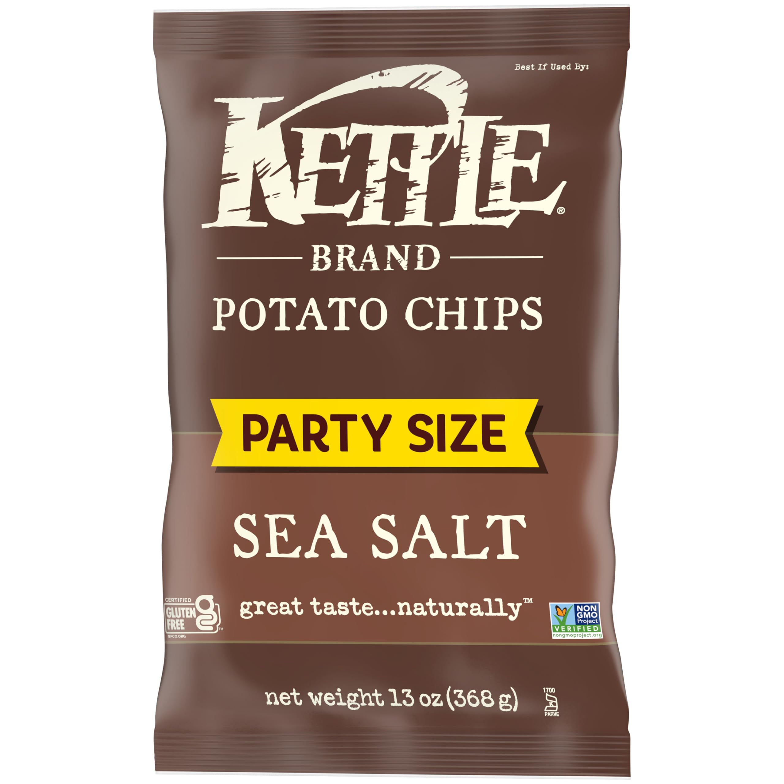 Kettle Brand Sea Salt chips in party-size bag, shareable snack.