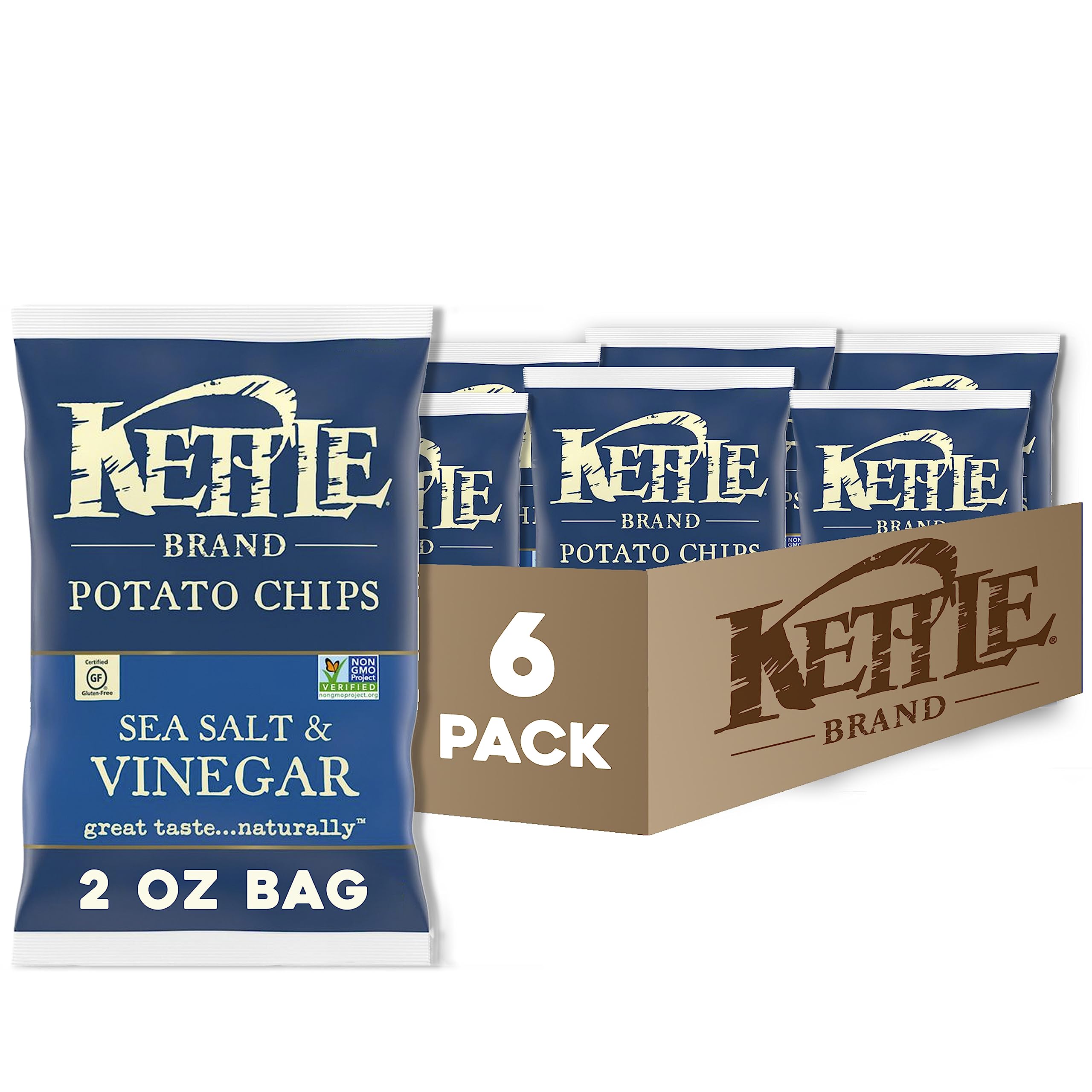 Kettle Brand Salt & Vinegar 2oz bag in a six-pack for on-the-go snacking