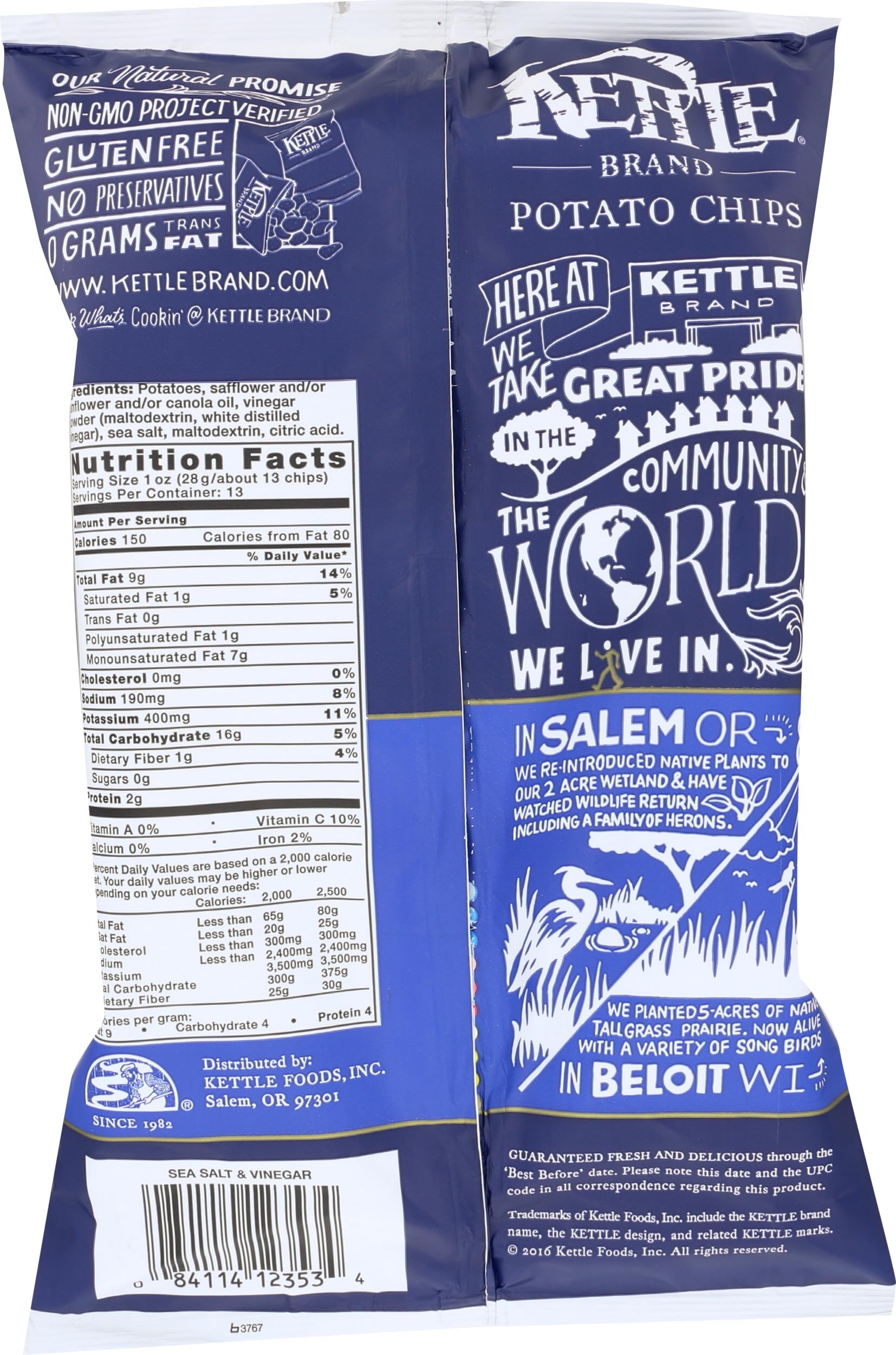 Close-up of Kettle Brand Salt & Vinegar chips showing golden crunch.
