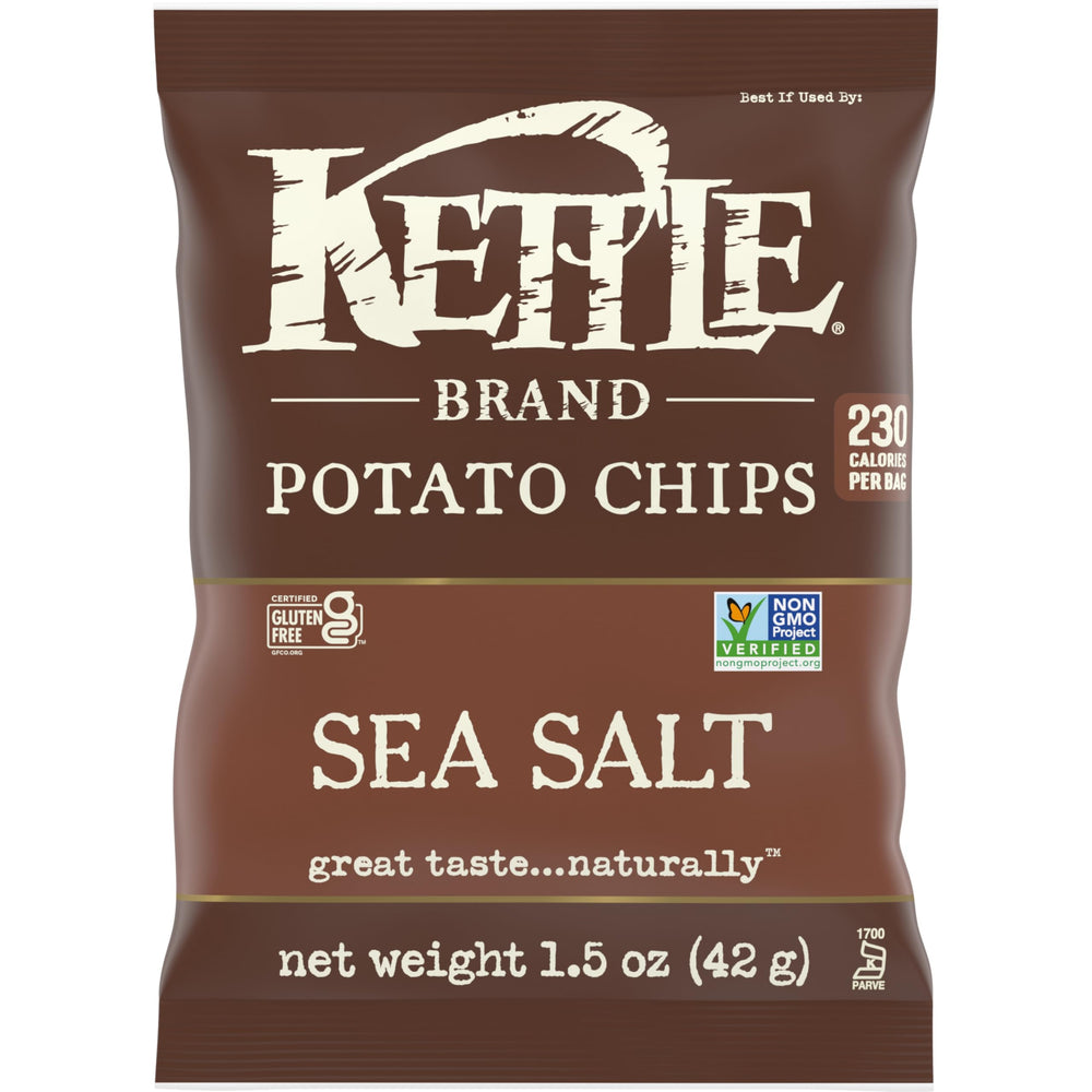 Kettle Brand Sea Salt Chips close-up shows crispy texture for snacking.